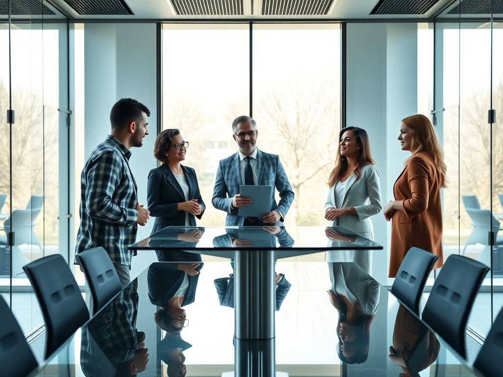 Diverse team of five professionals in a modern glass boardroom, standing around a sleek table, engaged in a lively discussion. Natural light pours in from floor-to-ceiling windows. Photorealistic, 8k, commercial photography style.